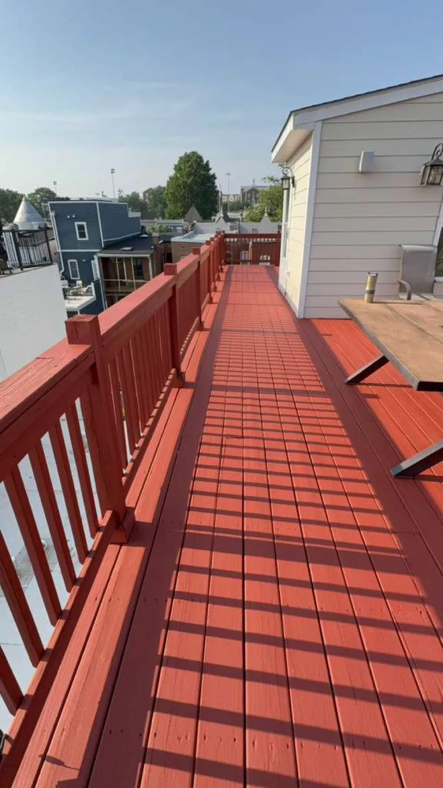 Red rooftop deck walkway with city view
